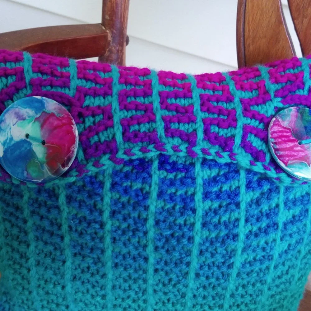 Hand Crafted Knit Throw Pillow Cerulean Blue Magenta Turquoise Green Painte…